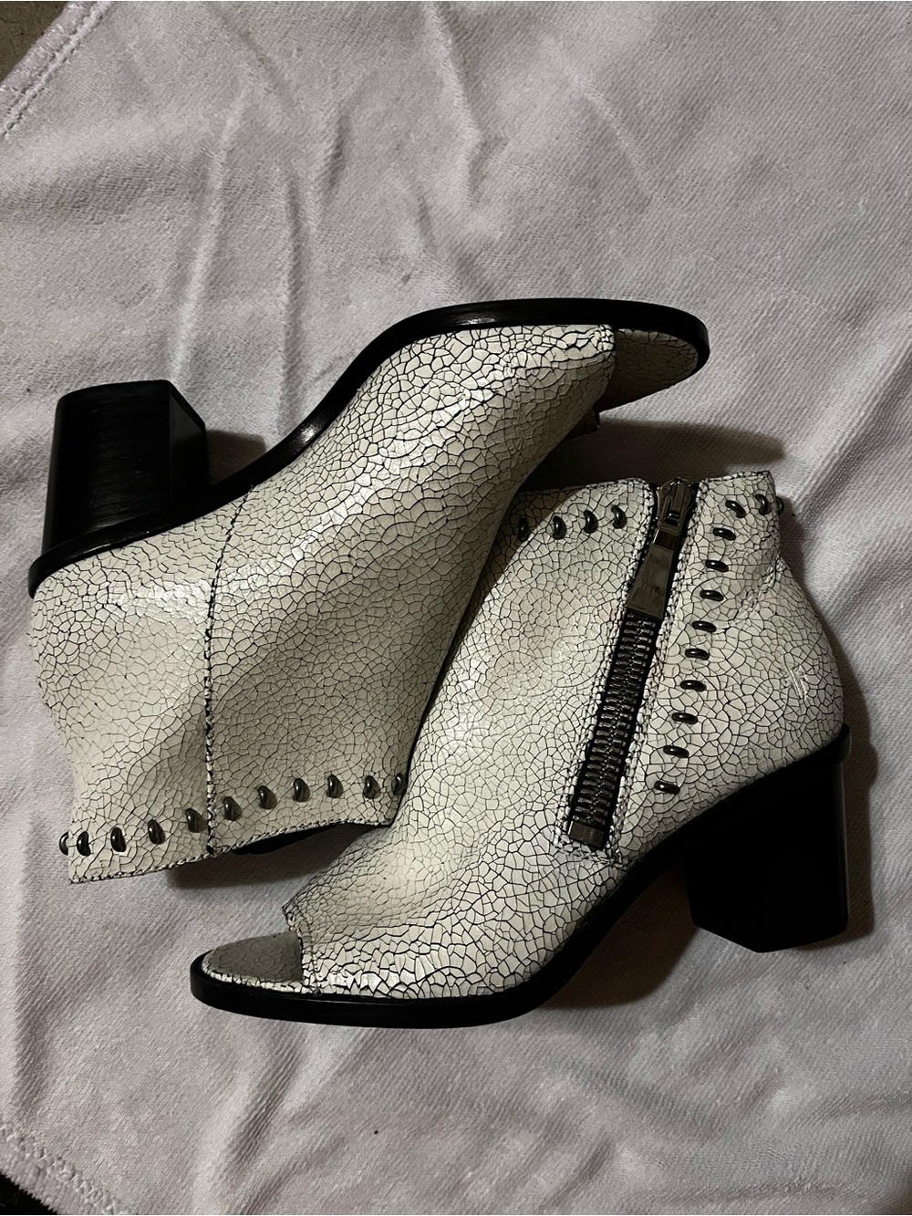 Frye White Crackle Peep-Toe Ankle Booties with Stud Accents